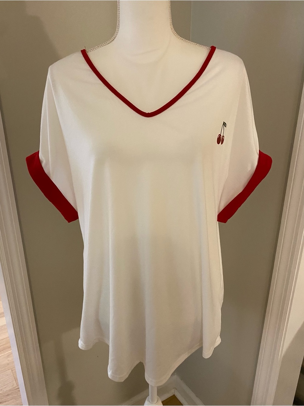 White V-Neck Tee with Red Trim and Cherry  & Red Vest Combo Listing Size 1X/XL